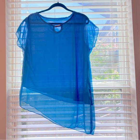 Girly Soft Blouse Keyhole Neck Blue Asymmetric Top Cap Sleeve XL - Picture 6 of 6